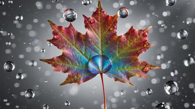 Cinematic Macro Shot of Autumn Maple Leaf with Suspended Water Droplets and Falling Rain in Slow Motion