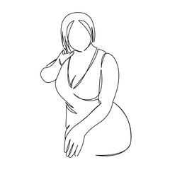 One continuous single drawing line art doodle female, size, plus, fat, young, girl, model, fashion, overweight, beautiful, sexy, bodypositive. Isolated flat illustration hand draw contour on a white b
