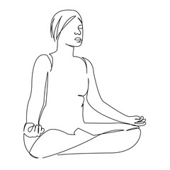 One continuous single drawing line art doodle woman, yoga, exercise, lotus, female. Isolated flat illustration hand draw contour on a white background
