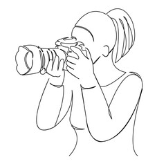 One continuous single drawing line art flat doodle female, girl, happy, photocamera, take, portrait, camera, photo. Isolated image hand draw contour on a white background
