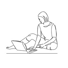 One continuous single drawing line art flat doodle woman, computer, laptop, girl, young, technology, internet. Isolated image hand draw contour on a white background
