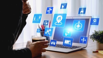 GPS icons show navigation, GPS tracking, and location. GPS supports real time maps, direction, and GPS navigation services for mobility and transport. Gist