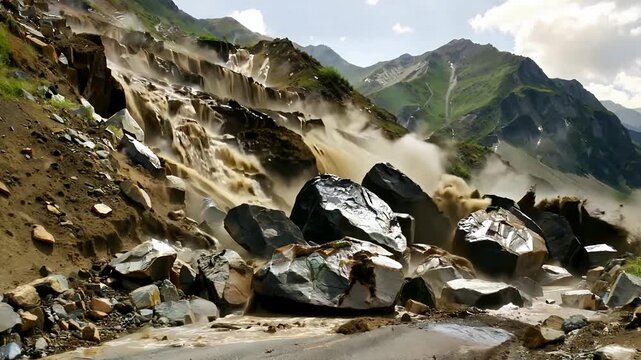 Massive rock slide blocks mountain road traffic.