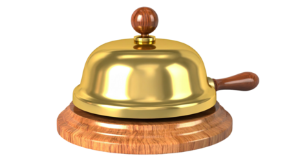 Golden desk bell with wooden base and handle, isolated on black
