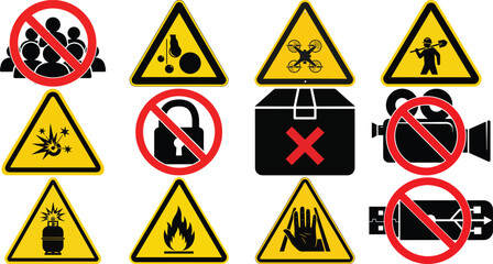 Hazard & Prohibition Sign Grid – Safety Symbols for Chemical, Mechanical, Electromagnetic, and Behavioral Risk Control