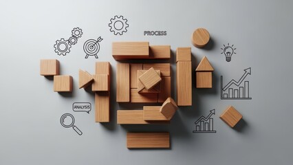 Strategic business development and growth through analysis and process optimization visualized with blocks