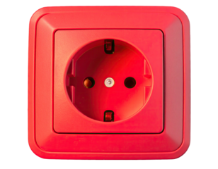 Red electrical outlet, square frame, centered, isolated against a black bg