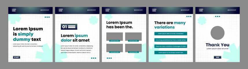 Multi-slide carousel post template for social media with neon blue white color theme © Rozin