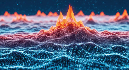 A digitally rendered abstract landscape with orange and blue gradient waves, dotted particles, and topographic peaks create an immersive experience.