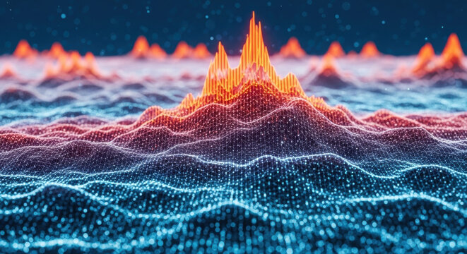 A digitally rendered abstract landscape with orange and blue gradient waves, dotted particles, and topographic peaks create an immersive experience. - Powered by Adobe