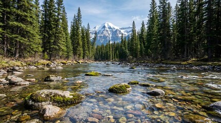 Crystal clear mountain river flowing through a dense evergreen pine forest, large white snow-capped mountain in the center background, stones and pebbles in the riverbed, daylight, fresh atmosphere, s