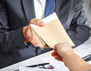 Close-up of hands exchanging a stack of envelopes, documents