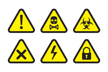 Warning icons - alert, stop, notification, security and chemical danger. Collection of triangle signs with exclamation point, skull and crossbones, high voltage and cross.