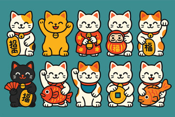 Fototapeta premium Maneki-neko Lucky Cats Collection Waving Cute Cartoon Vector Illustration
