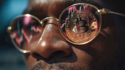 Vision of Bitcoin's Future: A focused individual wearing gold-rimmed glasses, reflecting the dynamic world of cryptocurrency, specifically the emblematic Bitcoin symbol and trading charts.