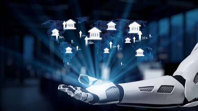 A futuristic robotic arm presents a digital world map enhanced with data points and abstract building icons, symbolizing the convergence of finance and technology. Synapse - Powered by Adobe