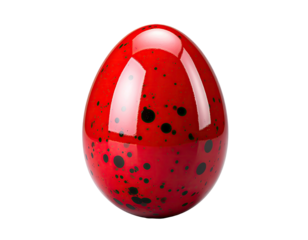 Glossy red egg with black speckles, isolated on a black background