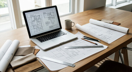 Obraz premium Architectural workspace with laptop, ruler, pencils, coffee, material samples. Perfect for architects, designers, planners, and interior decorators concept visuals.