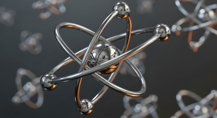 Detailed close-up of a shiny metallic atom model hovering against a blurred dark background, emphasizing the concept of science and molecular structure with smooth lighting.