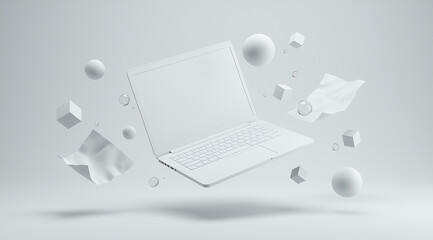 Levitating laptop with cubes, spheres, and papers in monochromatic tones. Perfect for technology, design, or futuristic concept designs.
