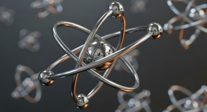 Detailed close-up of a shiny metallic atom model hovering against a blurred dark background, emphasizing the concept of science and molecular structure with smooth lighting. - Powered by Adobe