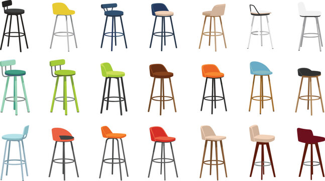 Set of modern bar stools and high chairs in various colors and designs featuring metal and wooden legs isolated on white background flat vector illustration for interior design