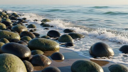 Obraz premium Serene ocean waves gently caressing a shore full of smooth, glistening natural stone formations