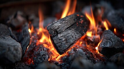 Charcoal Embers: A fiery spectacle unfolds as glowing embers and charred charcoal ignite, casting a warm, inviting glow and symbolizing the primal energy of fire.