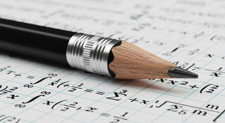 Close up studio shot of pencil with graphite tip on graph paper covered with complex math equations in soft diffused light, educational concept.