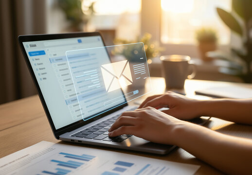 Person deeply engrossed typing on a laptop, focused on sending an email at work, suitable for business or technology concepts.