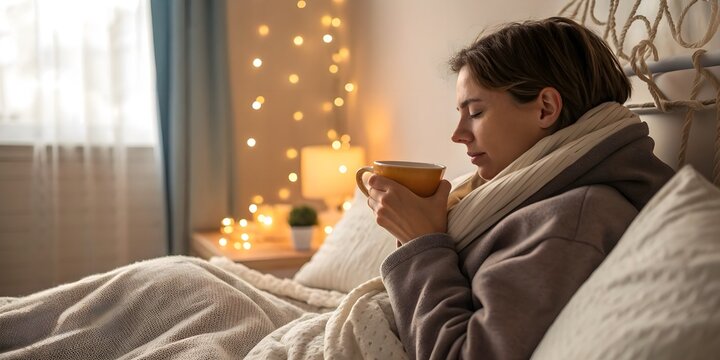 Drinking Herbal Tea While Recovering in Bed. Person sipping warm herbal tea while resting in bed&mdash;cozy home light, illness recovery and self-care advertising concept.