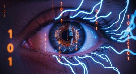 Detailed close up of a human eye overlaid with digital binary data and glowing blue lines creating a futuristic and technological aesthetic on dark setting.