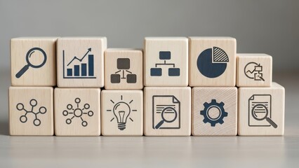 Visualizing key business concepts through a collection of iconic wooden blocks for strategy