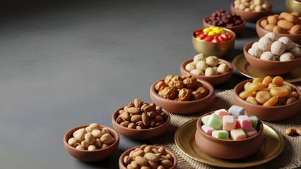 Assorted Nuts and Sweets in Clay Bowls