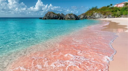 Tropical Beach with Pink Sand Turquoise Water and Rocky Outcrops Under Blue Sky with White Clouds