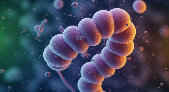 A close up image features pink streptobacillus bacteria forming a strand, set against a blue and orange gradient background, revealing a detailed structure.