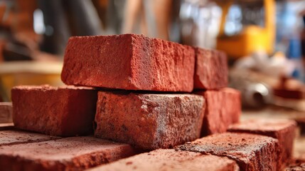 Stack of Red Bricks Construction Material with Blurred Background Construction Work Site with Soft Lighting and Sharp Focus on the Foremost Brick