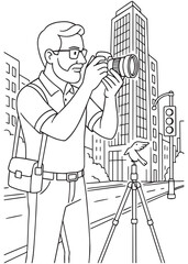 Coloring book Dad photographing tall city buildings