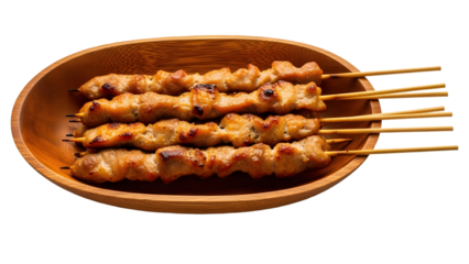 Grilled meat skewers in a wooden bowl isolated on transparent background