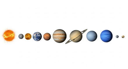 Detailed solar system planetary alignment isolated on white background, featuring orange sun and planets Mercury, Venus, Earth, Mars, Jupiter, Saturn, Uranus, Neptune and dwarf planet.