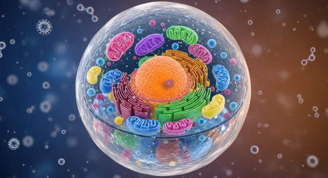 Detailed rendering of a cell showing organelles with multicolored shapes. Biology science anatomy concept showing internal structure of a cell on dark gradient background.