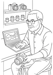 Coloring book Dad editing photos on laptop in camera room