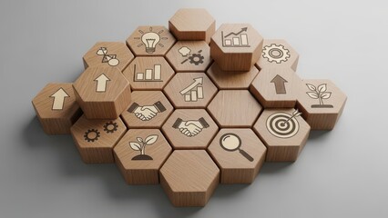 Wooden hexagons representing a mosaic of business strategy, growth, and development concepts