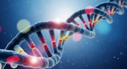 A dramatically lit blue DNA molecule structure with red accents on a blurred background creates a visual representation of genetic research.
