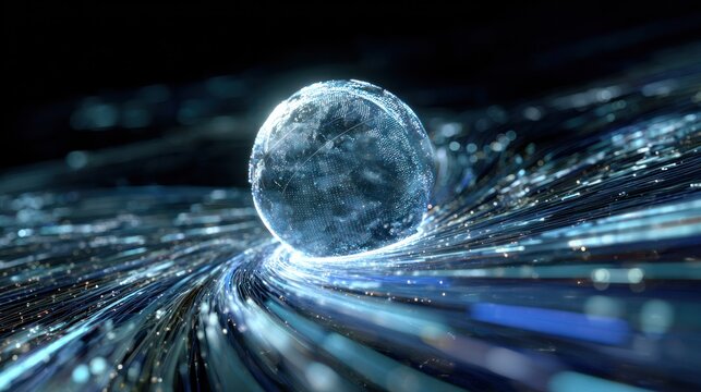 Sphere of Data Flow: A luminous sphere of data pulses at the heart of an intricate network of digital information, symbolizing the dynamic flow of knowledge and innovation in the digital age. - Powered by Adobe