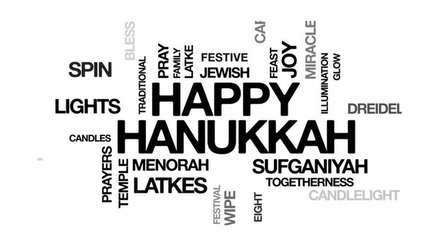 Happy Hanukkah concept Animated Tag Word Cloud kinetic typography, Text Design Animation typography seamless loop video motion graphics Intro Wordart festival of lights black type on white backdrop bg