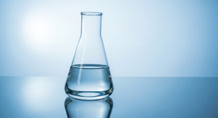 An erlenmeyer flask filled with clear liquid is placed on a reflective surface, bathed in soft blue light, set in a minimalist composition.