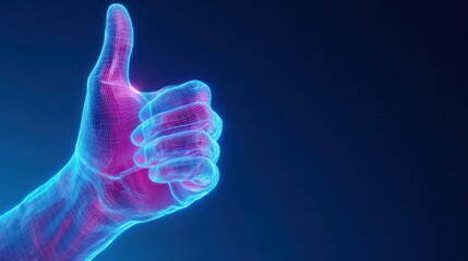 Success Signal: A hand gesture displaying a thumbs up is depicted in neon light, conveying the concept of agreement, support, and optimism.