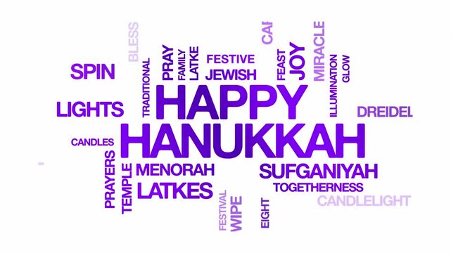 Happy Hanukkah concept Animated Tag Word Cloud kinetic typography, Text Design Animation typography seamless loop video motion graphics Intro Wordart festival of lights violet type on white backdrop b