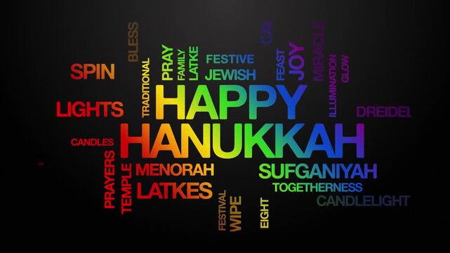 Happy Hanukkah concept Animated Tag Word Cloud kinetic typography, Text Design Animation typography seamless loop video motion graphics Intro Wordart festival of lights rainbow type on black backdrop 